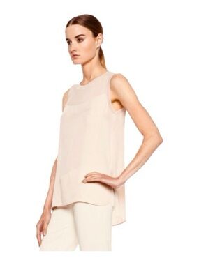 Vince Rib Trim High Neck Beige Cream Sleeveless Silk Top Size Large